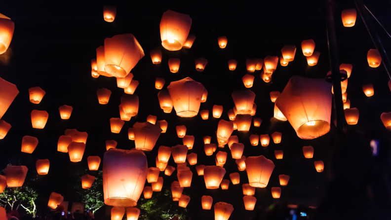 Hundreds of sky lanterns during a lantern festival