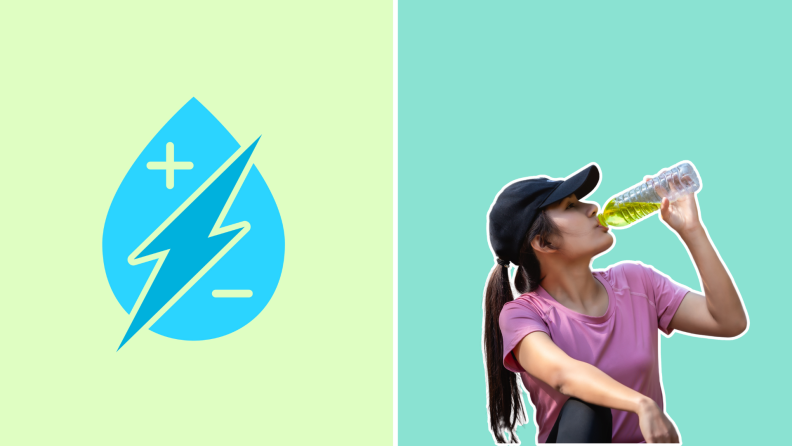 A logo next to a person drinking from a bottle of water.