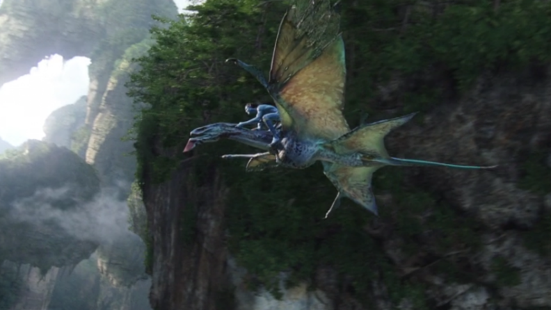 A still from 'Avatar' featuring Jake's Na'vi form on a dragon-like creature.