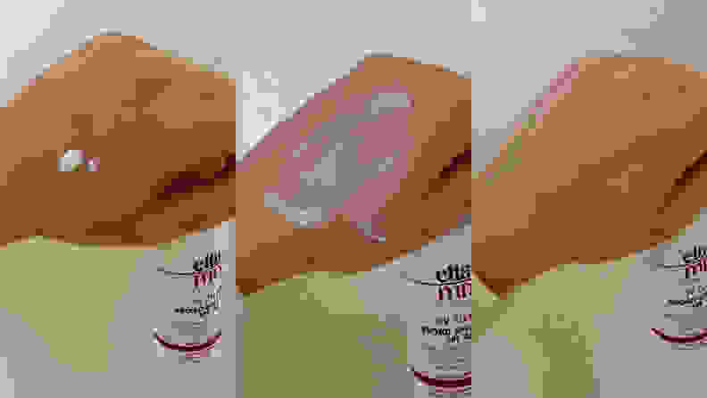The author's hand in three side by side by side images showing a white cream being rubbed in.