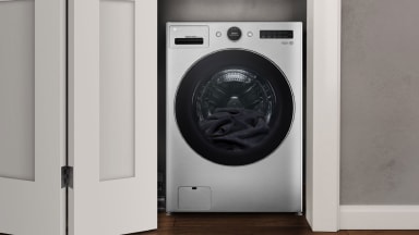 The LG WM6998HBA All-in-One washer-dryer combo in a modern apartment.