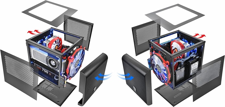 An exploded view of a PC case with components