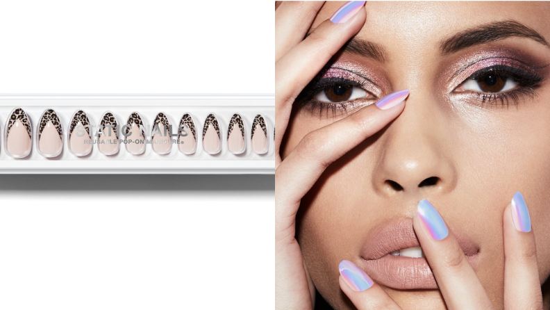 On the left: Static press-on nails with a cheetah design. On the right: A model wearing static press on nails in holographic design.