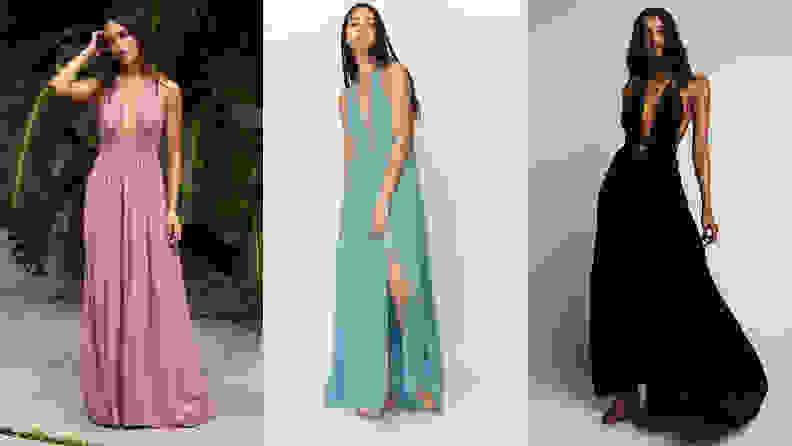 Models wearing a pink, blue, and black Look Into the Sun Maxi Dress.