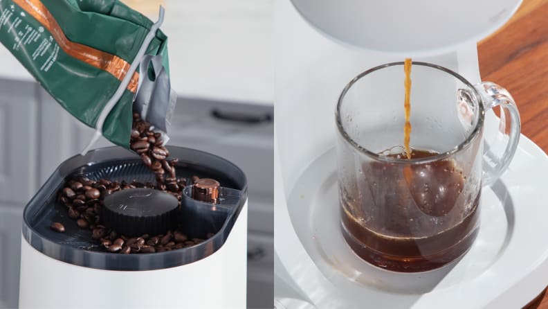 Two images side-by-side: on the left, a bag off coffee beans being poured into the top of a coffee machine. On the right, black coffee being poured into a clear coffee mug.