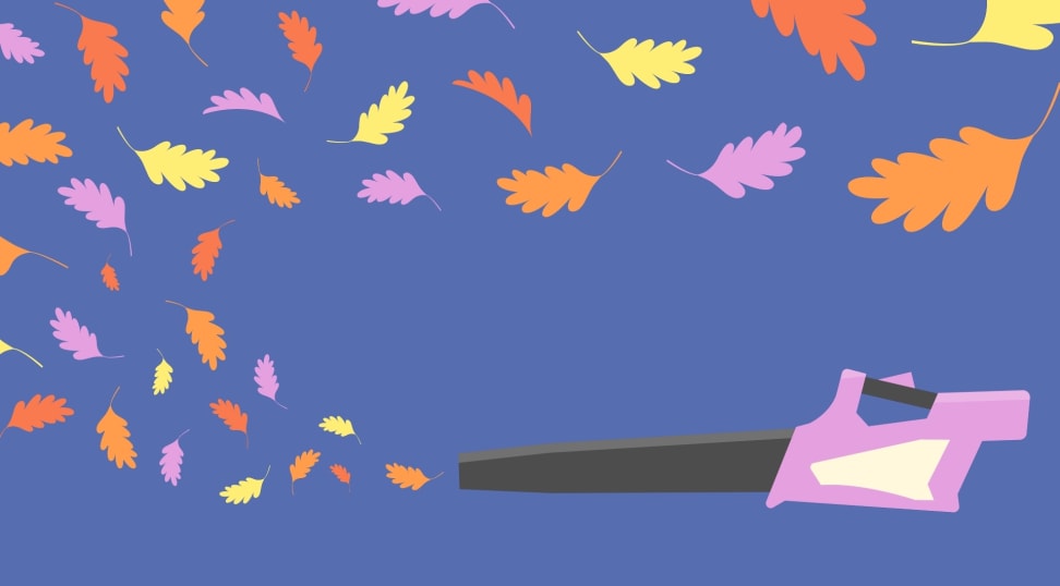 An illustration of a leaf blower blowing leaves away.