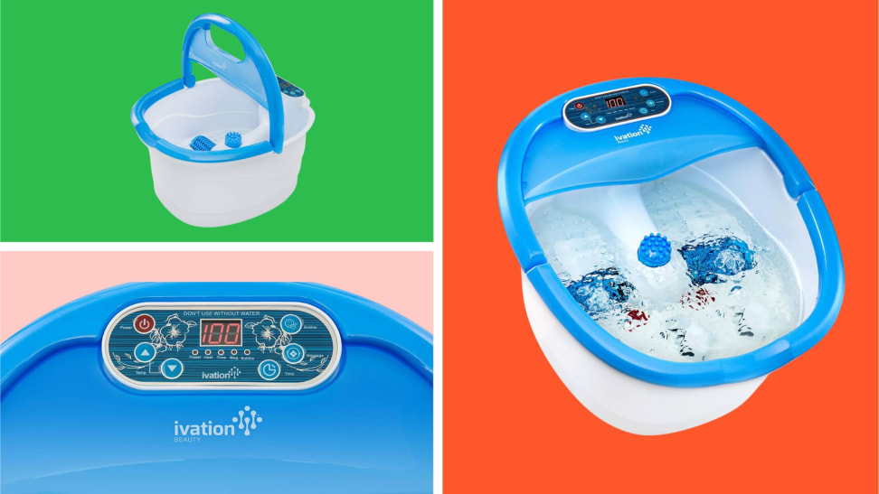 An Ivation Foot Spa in front of various color backgrounds.