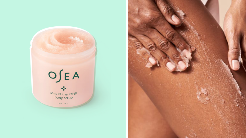 On the left: A pink jar with salt scrub inside against a mint green background. On the right: A hand massaging a scrub into the thigh.