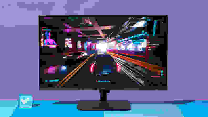 The monitor displaying Cyberpunk 2077.