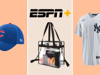 Baseball cap, plastic stadium bag, jersey, and ESPN+ logo against tan-colored background