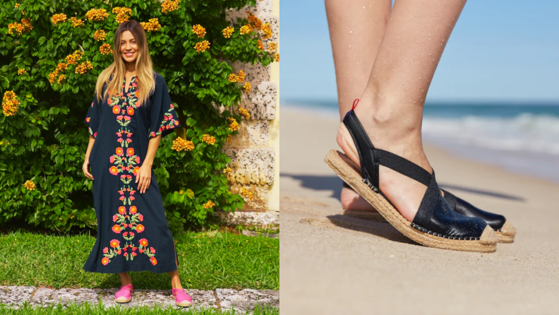 A woman in a dress with the pink slingbacks and feet on sand with the black slingbacks