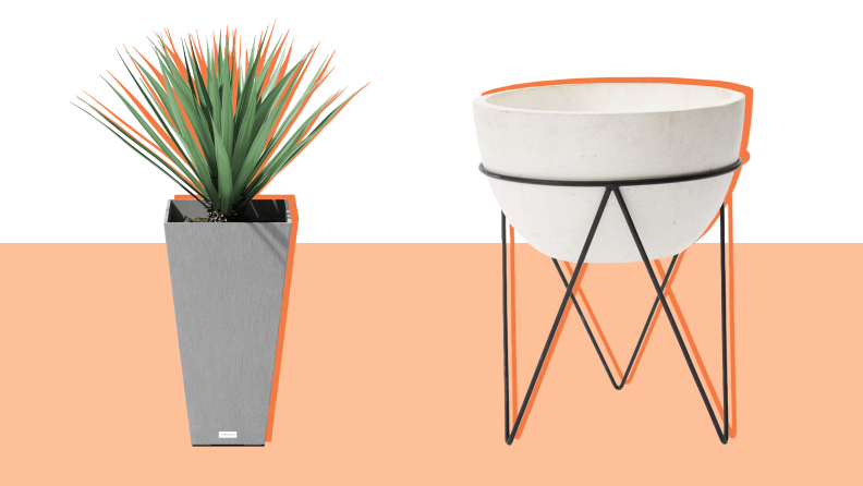 A large gray plastic planter filled with a plant next to a ceramic pot in a plant stand.
