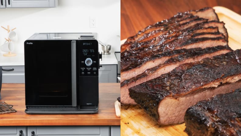 Left: Shot of the GE Profile smoker on a countertop Right: Close-up of sliced brisket