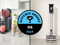 Split image of the Ninja Slushi surrounded by slushis on a white countertop and the LG CordZero All-in-One Tower Combi in front of a white wall with the Reviewed Awards IFA 2024 logo at the center.