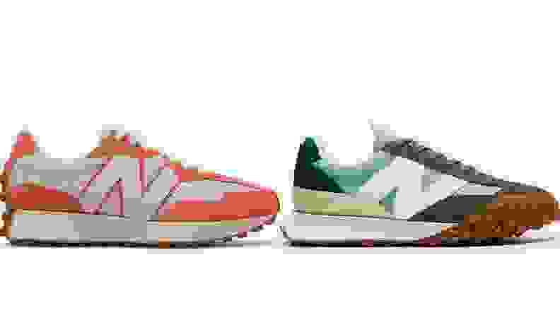 Orange pair of New Balance 327s, colorful green pair of XC-72 New Balances.