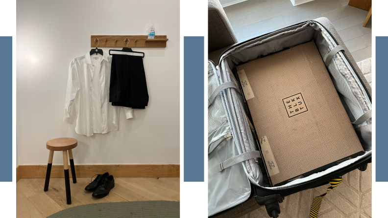 On the left, a shirt, pants and black shoes are seen in a dressing room, on the right is a photograph of the cardboard suit box inside luggage.