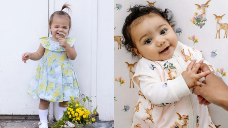 On left, child smelling flower while wearing dress outdoors. On right, infant laying on floral sheets while smiling.