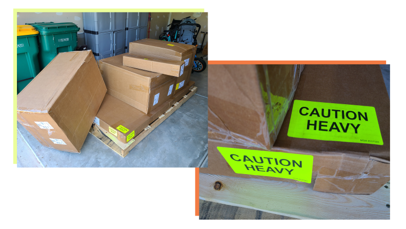 Cardboard shipment boxes with bright neon stickers arriving at an address.