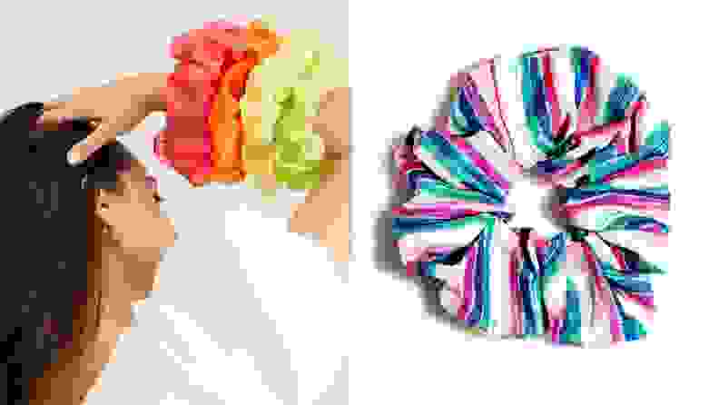 On the left: A woman tousles her dark brown hair while wearing colorful scrunchies on her wrist. On the right: A striped, colorful scrunchie sits on a white background.