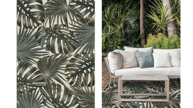 Two images of a rug with a monstera plant design