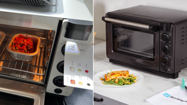 Left: Tovala Smart oven open with a tin of food inside. Right: Tovala Smart Oven Pro on a white counter with a plate of food in front of it.