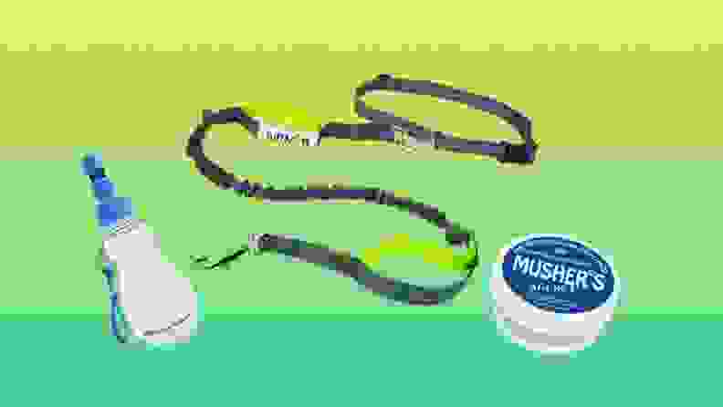 A portable dog water bottle, dog leash, and jar of ointment for dog paws on a green gradient background