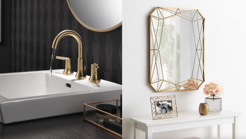 On left, gold faucet with running water above sink. On right, gold geometric rectangular mirror above white table with picture frames on top.