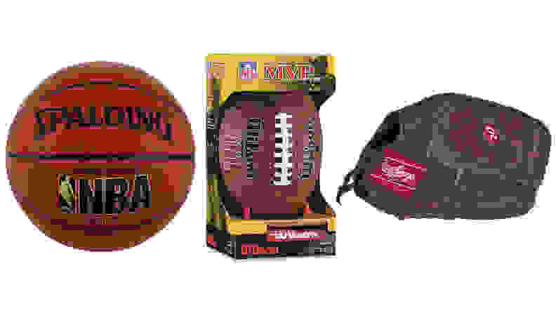 Basketball, football, and baseball glove