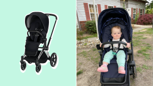 On left, black baby stroller. On right, toddler sitting in baby stroller outdoors.