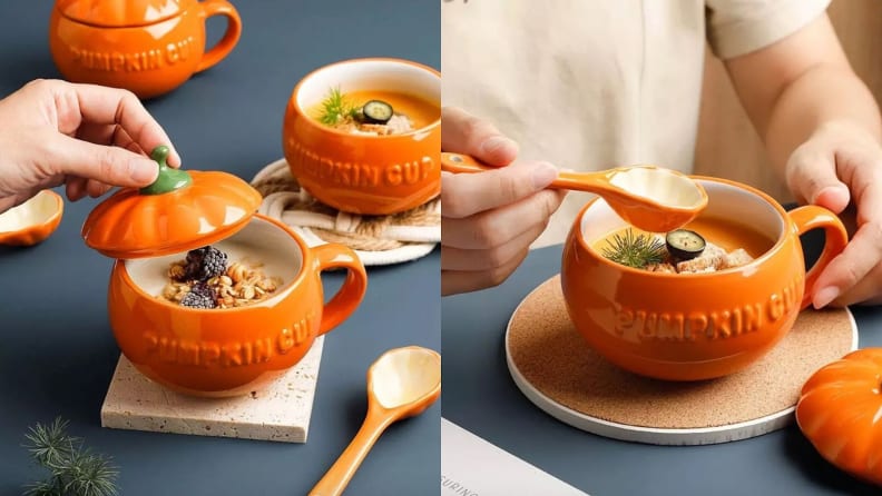 Small pumpkin shaped soup bowls.
