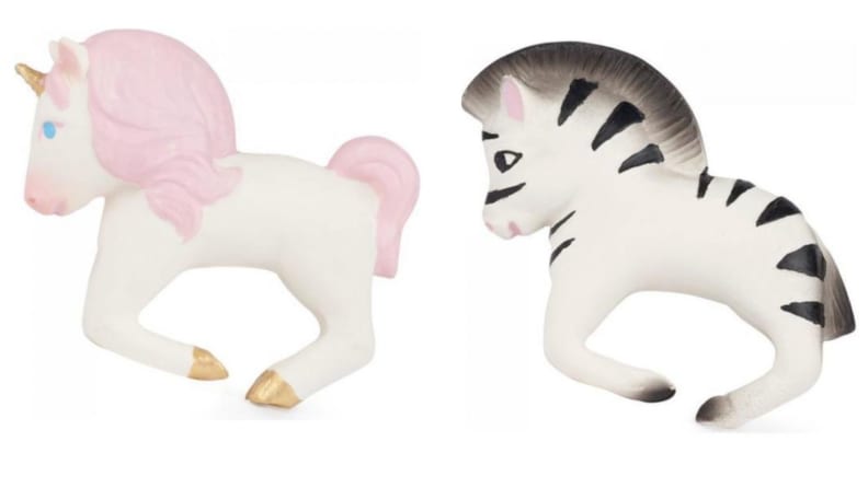 A unicorn and a zebra chew toy for infants