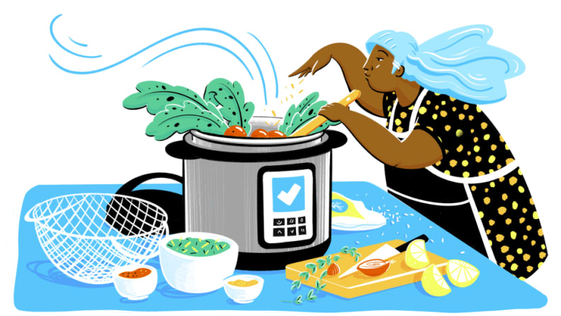 An illustration of a person cooking in an Instant Pot.
