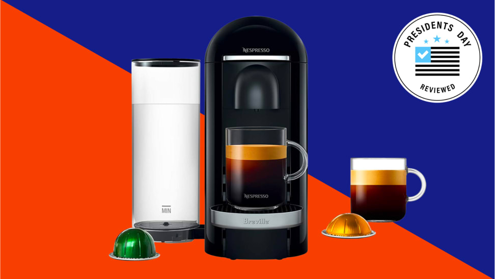 A Nespresso Espresso maker on a Presidents Day background with a badge in the corner.