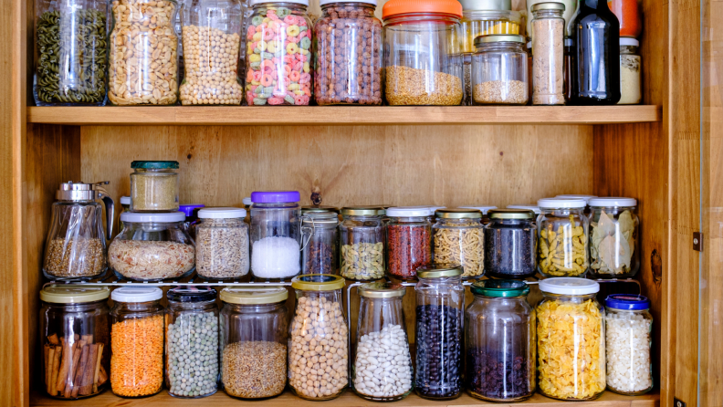 A pantry full of items that are sealed well.