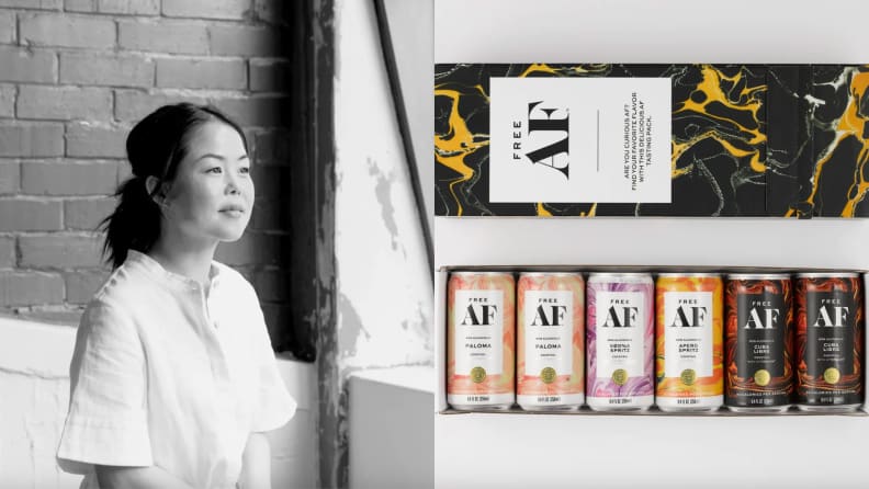 Left: Black and white photo of founder Lisa King. Right: opened packaging of Free AF canned cocktails