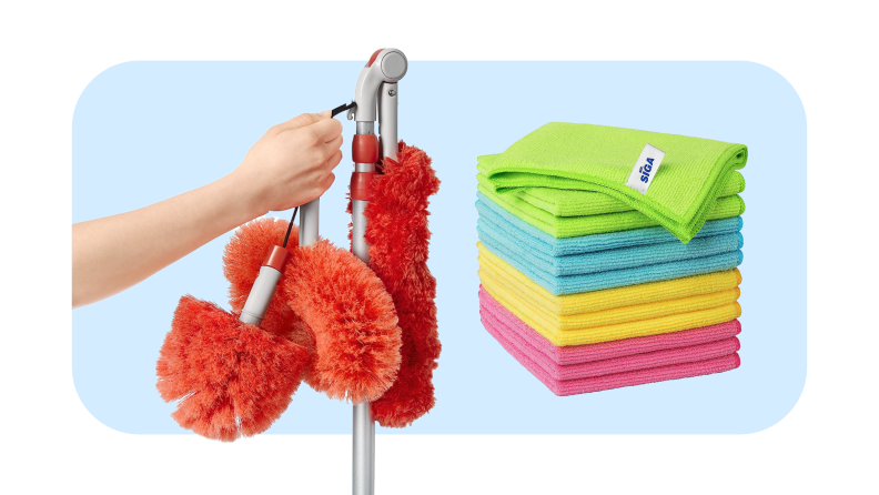 Product shot of OXO Good Grips Long Reach Dusting System next to stack of folded, multicolored microfiber cloths.
