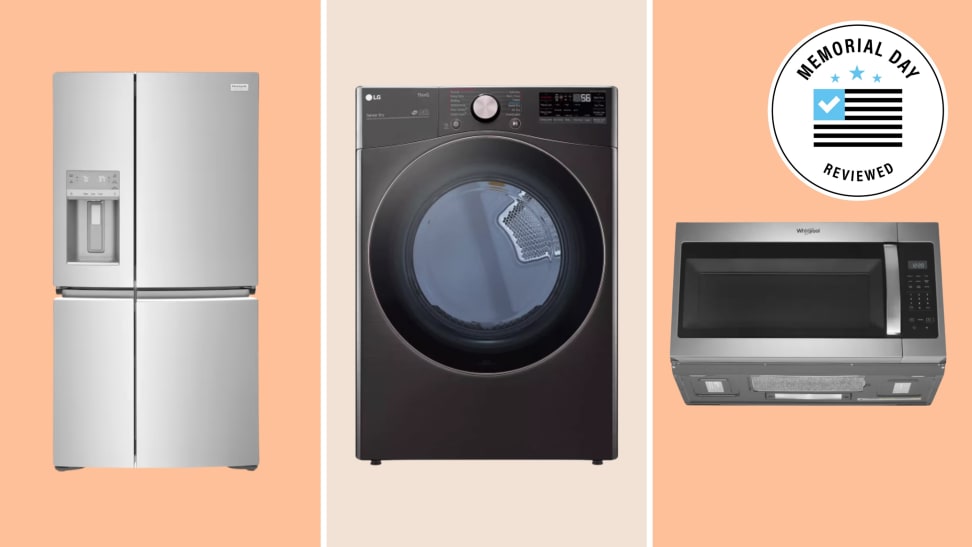 Various appliances with the Memorial Day Reviewed badge in front of colored backgrounds.