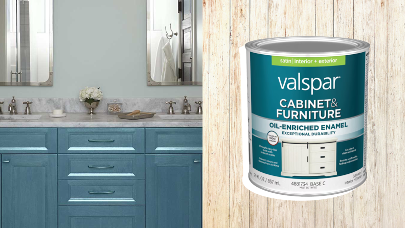 Left: A painted bathroom vanity; Right: A can of Valspar Cabinet Enamel paint on a wood background