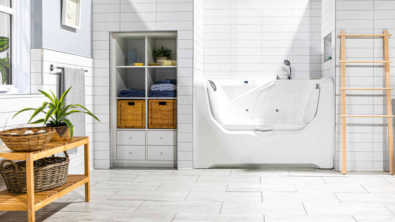 A bathroom with an accessible soaking tub.