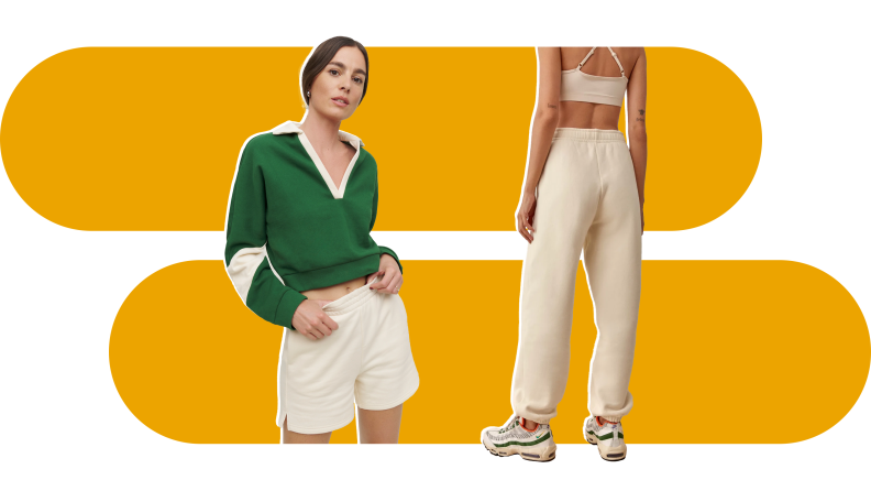 A Mirielle Green sweater and off white sweatpants.