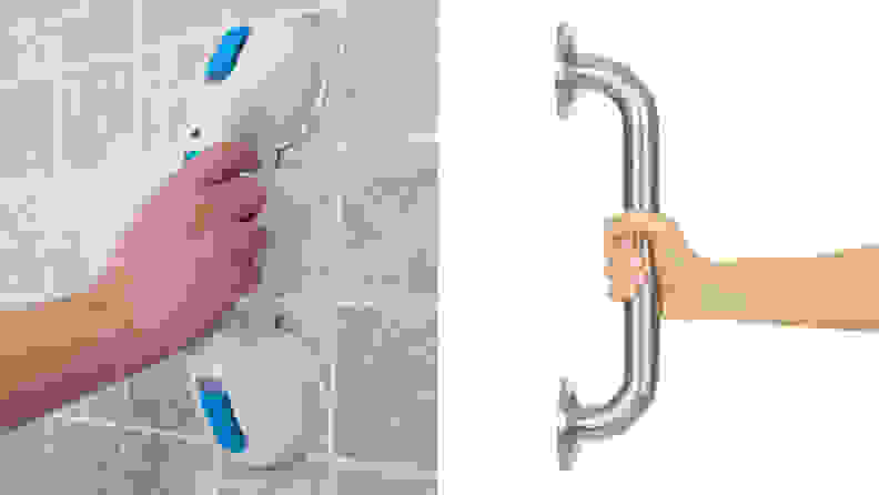 Left: a hand grabs a plastic handle on a shower wall; right: a hand grabs a metal shower grip.