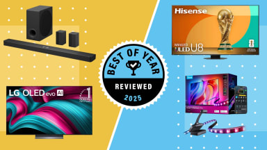 A soundbar, two TVs, and LED strip backlights on a yellow and blue background