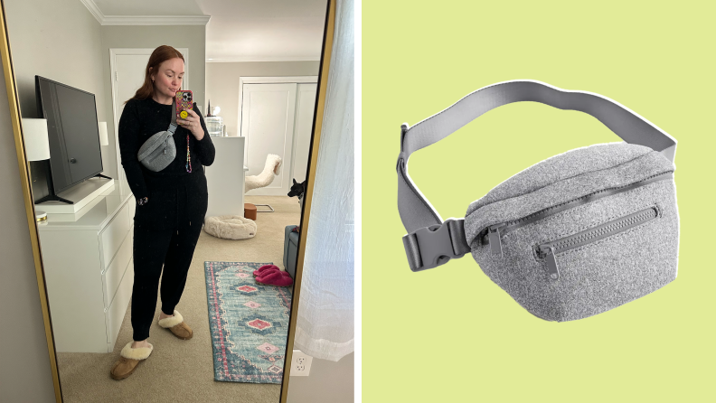The author wears the neoprene belt bag, on the right an image of the belt bag close up.