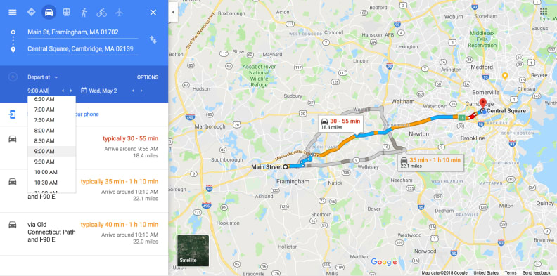 Google Maps on desktop lets you plan a route—like your commute—and preview it for specific times of day.