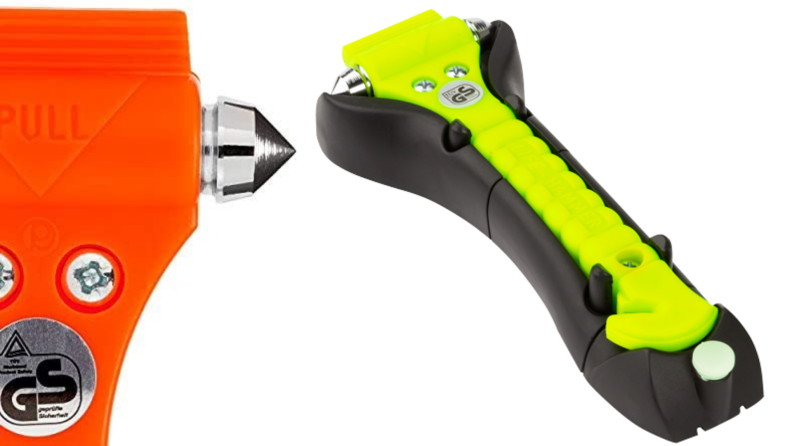On left, close up of the orange Lifehammer Emergency Escape Rescue Tool. On right,