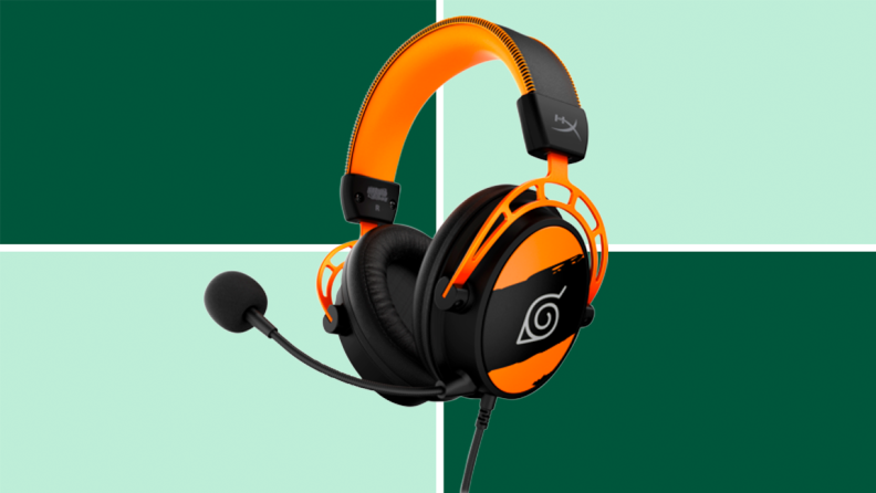An image of orange black HyperX cloud alpha headphones with a symbol from the show 'Naruto' emblazoned on the side.