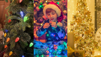 1) close up of a Christmas tree with colorful lights 2) a young child plays with a string of colorful lights 3) A warm room with white lights