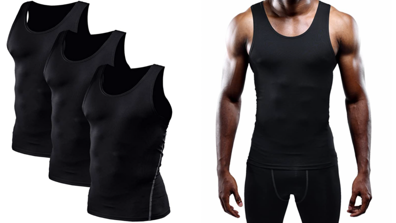 Three-pack of black compression tank tops by Neleus, man wearing black compression tank top by Neleus.
