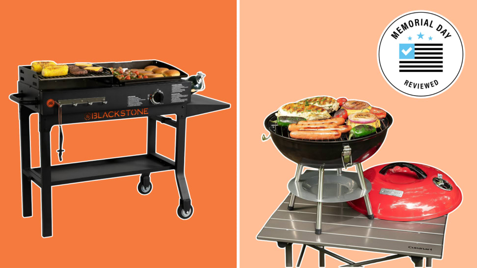 A Blackstone griddle and Cuisinart charcoal grill on an orange background