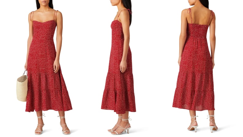 Model wearing a red spaghetti strapped dress